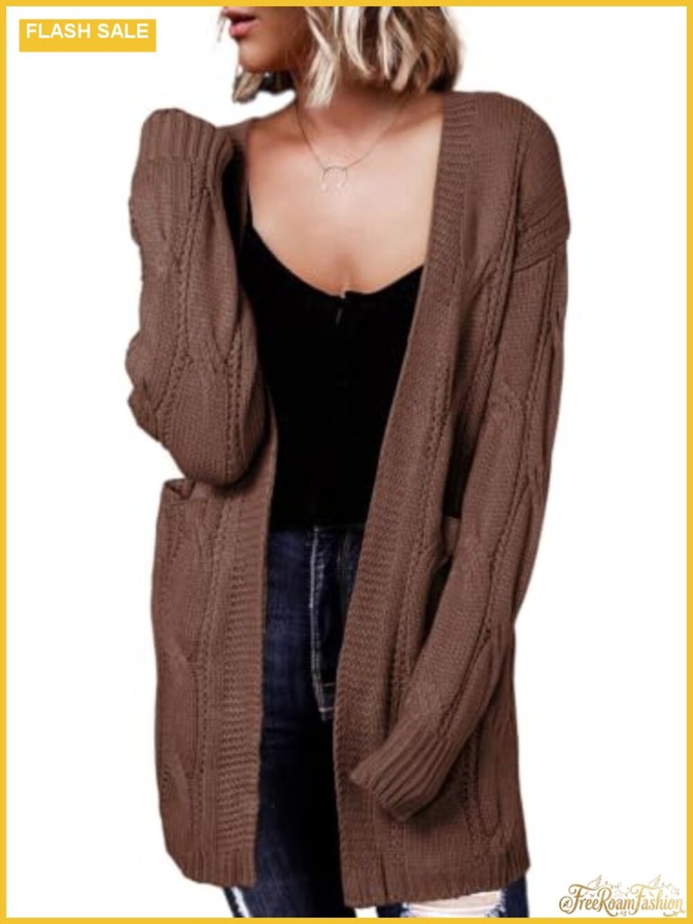 Dokotoo Open Front Knit Cardigan Lantern Sleeve Sweater